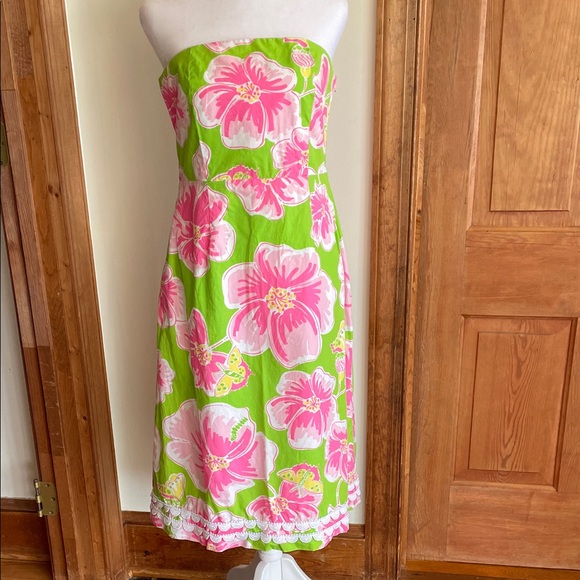 LILLY PULITZER Maui Punch Pink Green Strapless Dress 6 Vintage - Picture 3 of 17